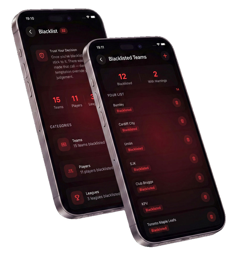 Two phones showing the Gara Blacklist — blacklisted teams, players, and leagues, with counts and warning lives.