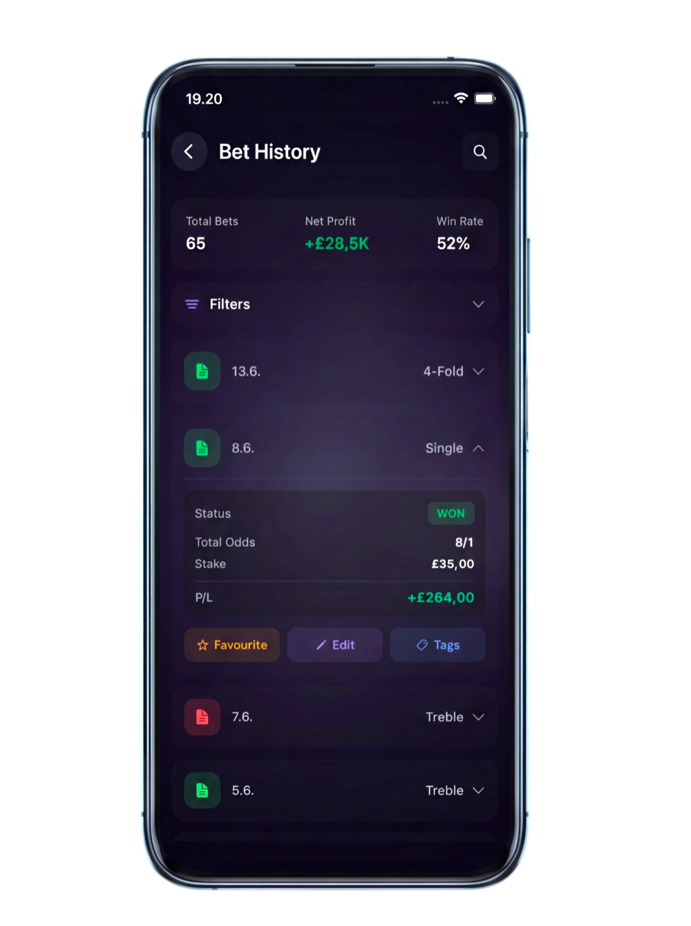 A phone showing the Gara Bet History screen — total bets, net profit, win rate, and an expanded settled bet with status, odds, stake, and profit.