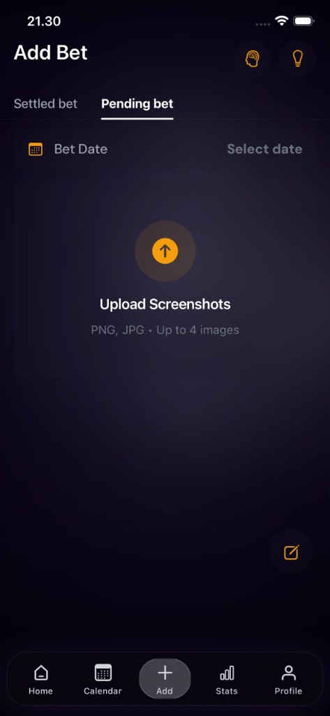Gara Add Bet screen with the pending bet tab selected, showing screenshot upload