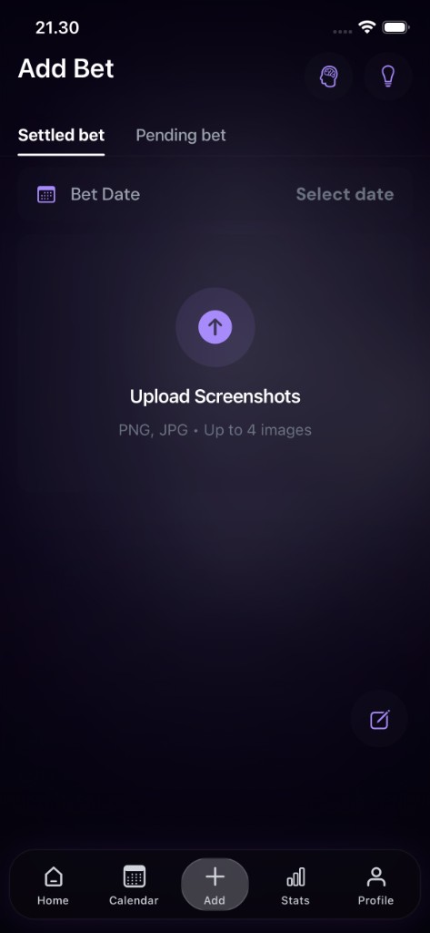 Gara Add Bet screen with the settled bet tab selected, showing screenshot upload