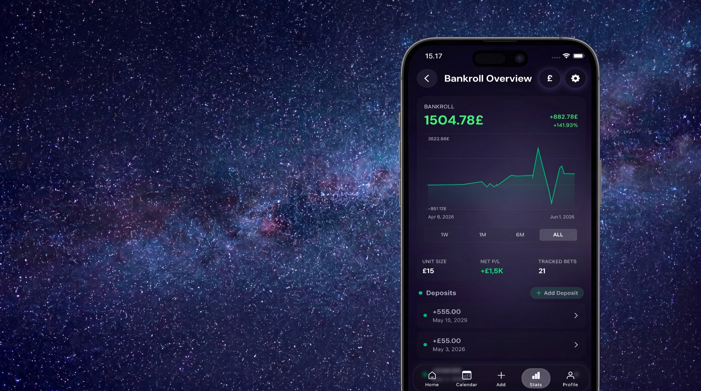Gara Bankroll Overview screen: balance with growth percentage, a rising bankroll curve, unit size, net P/L, tracked bets and recent deposits, set against a starry sky.