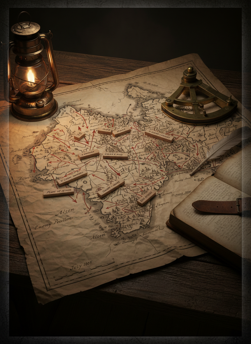 Strategy artwork: a commander's war table of maps and plans.